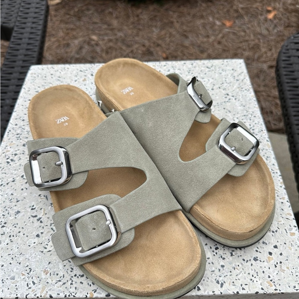 Zara Sage and Tan Buckle Slides